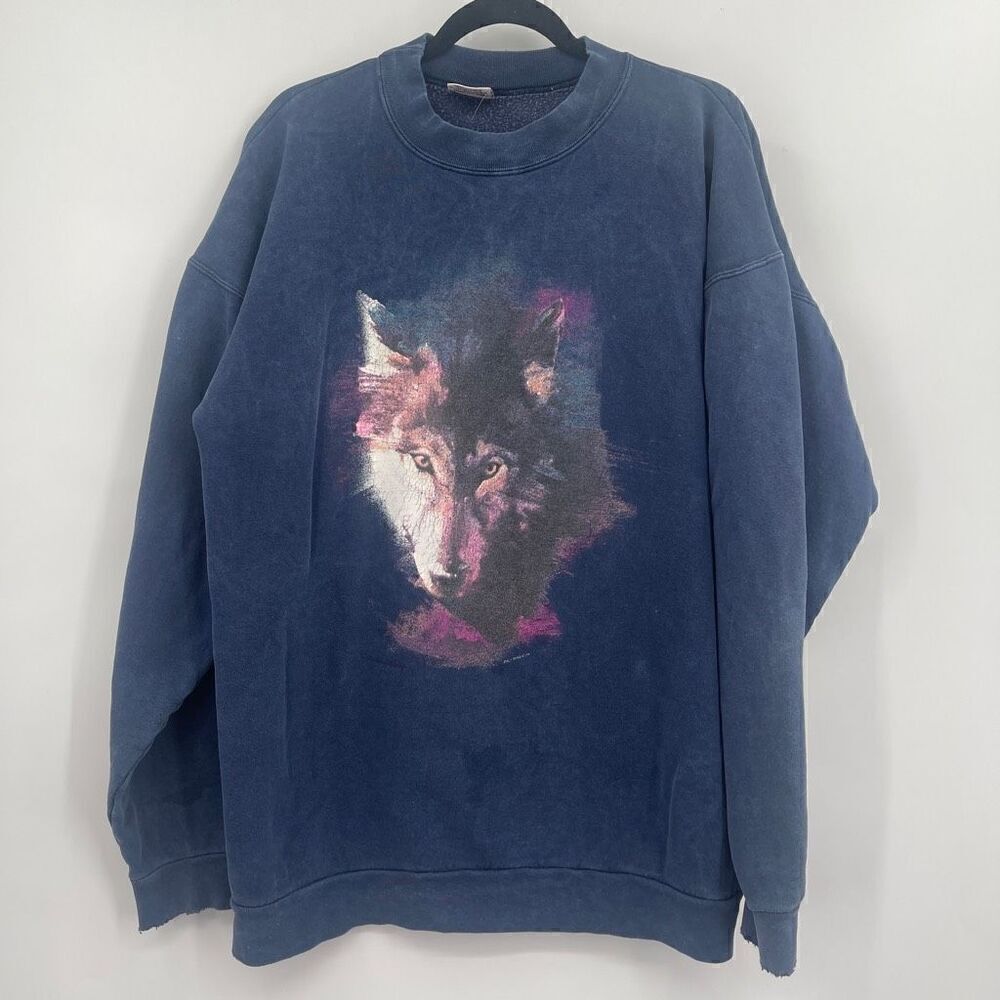 Vintage Harlequin NG Long Sleeve Crewneck Wolf Graphic Blue Pullover Sweater XL